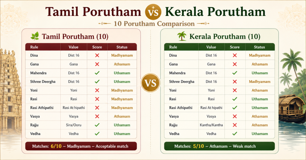 Tamil Porutham vs Kerala Porutham comparison showing different results for the same match across both South Indian compatibility systems